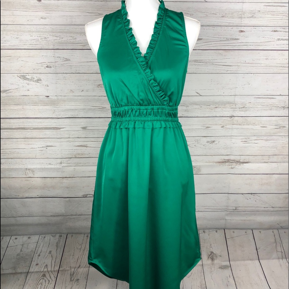 Tahari Surplice Sleeveless Green Ruffle Neck Dress Size XS EUC